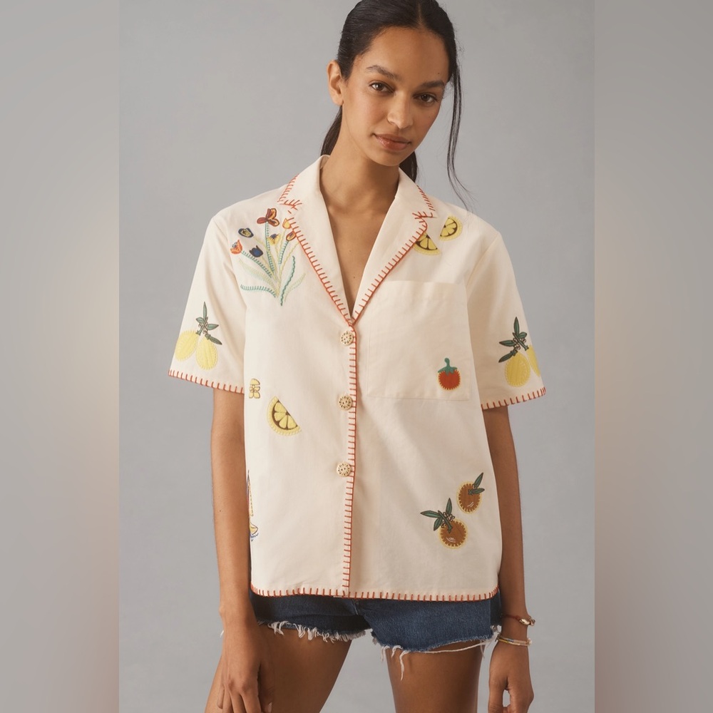 NWT HUNTER BELL $385 Embroidered WOMEN'S POLLY SHIRT. Size M